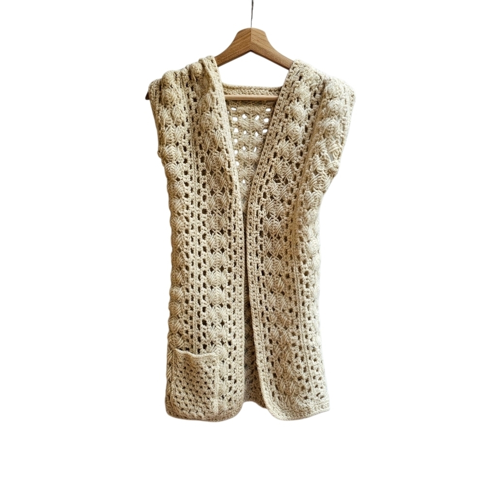 Vintage Handmade Granny Crochet Vest, Open Front, Creamy Neutral, 70s, XS